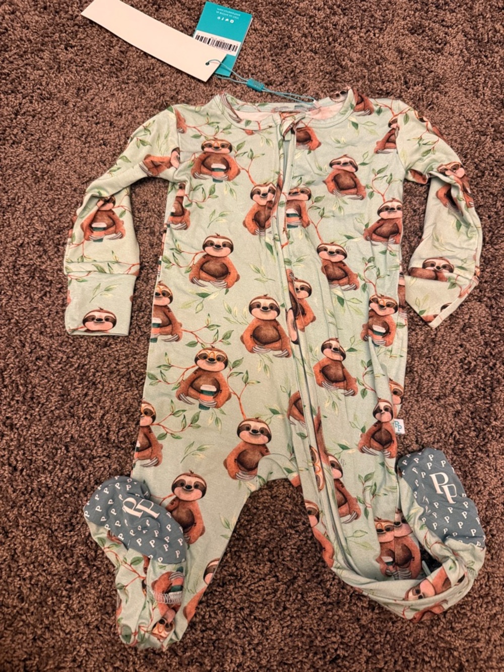 NWT Posh Peanut green sloth footie zippy - 9-12m
